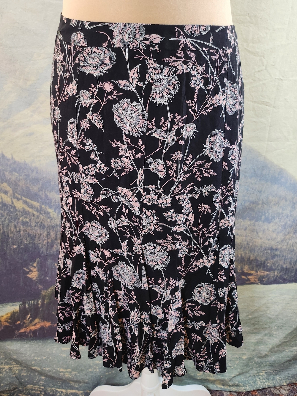 Talbots Black Low Waisted Flounce Midi Skirt with Pink Floral Print 12